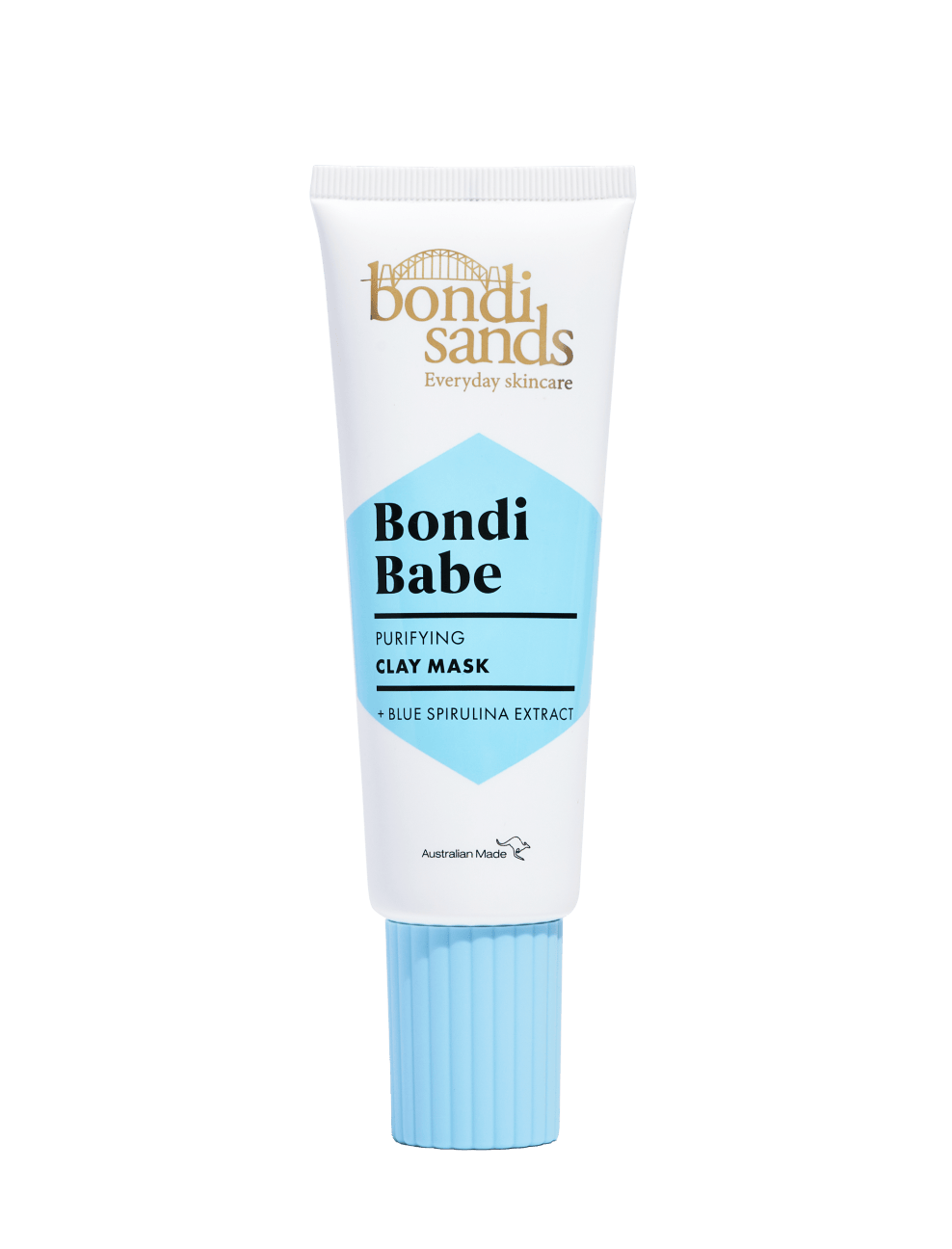 A white and blue tube of BondiSandsEU Bondi Babe Clay Mask, formulated to detoxify skin and reveal a glowing complexion with blue spirulina extract, featuring a ribbed blue cap and gold and blue text on the label.