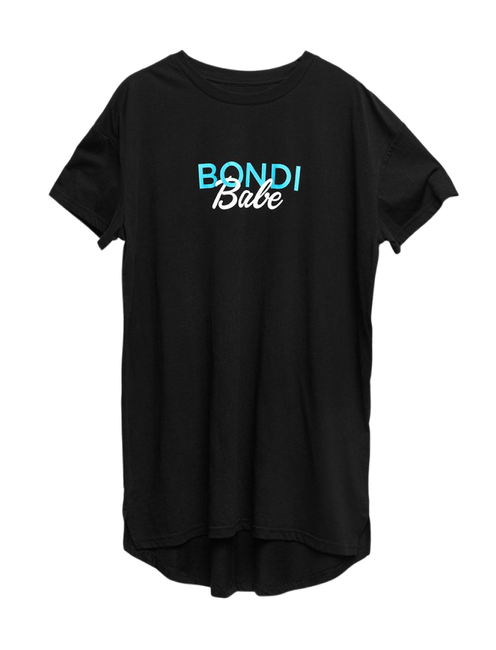 The Bondi Babe Self Tanning Tee by BondiSandsEU is a black short-sleeved shirt featuring “BONDI Babe” printed in turquoise and white text on the front. Designed with a slightly rounded hem, it’s the perfect tee for any Bondi Babe eager to show off their glow.