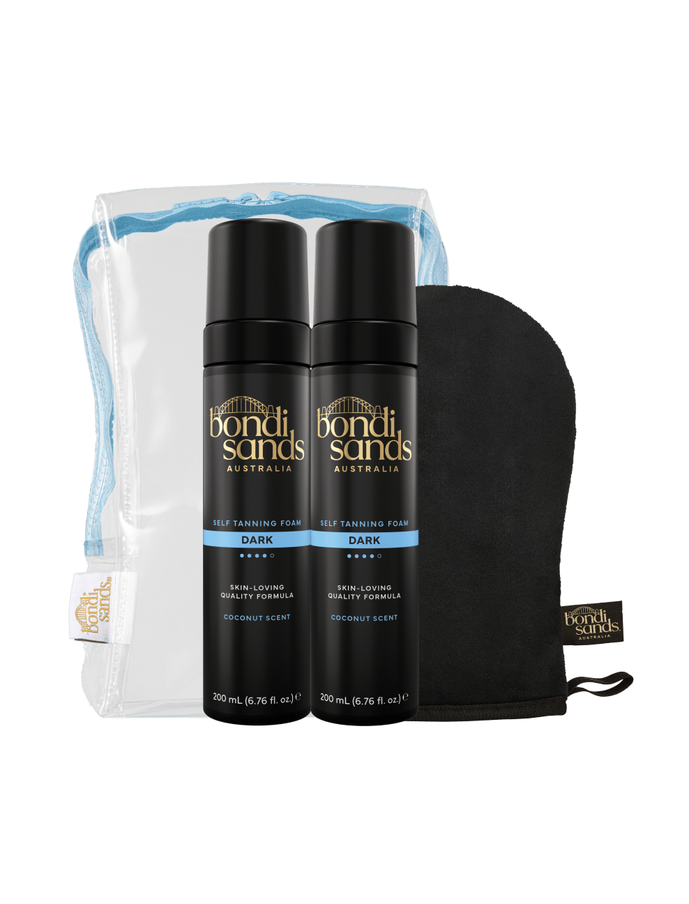 The BondiSandsEU Dark Foam Gift Set, featuring two black bottles of self tanning foam in the dark shade, a black tanning mitt, and a clear zip pouch with blue trim, is displayed against a white background.