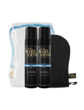 The BondiSandsEU Dark Foam Gift Set, featuring two black bottles of self tanning foam in the dark shade, a black tanning mitt, and a clear zip pouch with blue trim, is displayed against a white background.