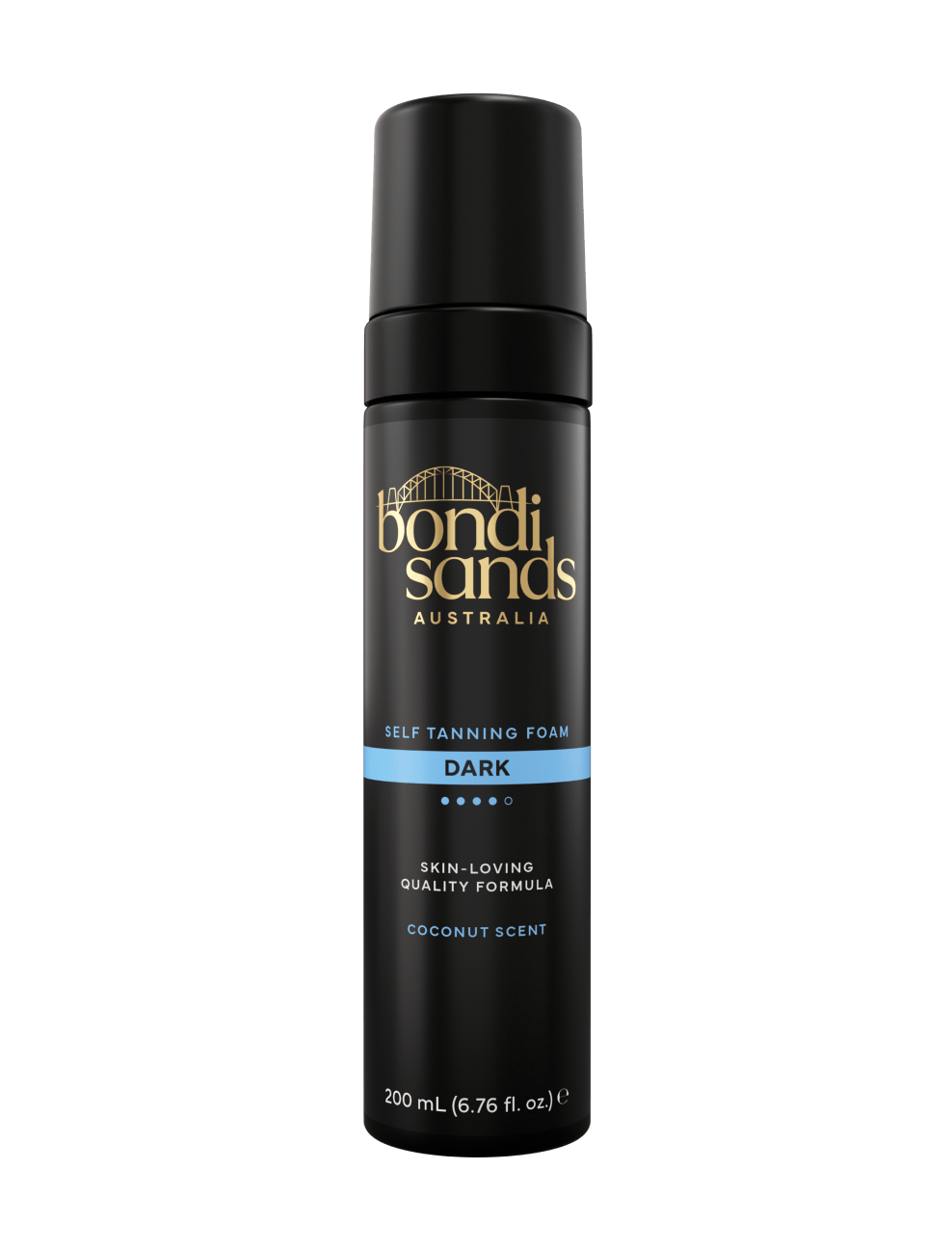 A black bottle of BondiSandsEU Dark Self Tanning Foam features gold and white text with blue accents and a coconut scent label. This dark self tanner provides 200 mL (6.76 fl. oz) for an effortless, bronzed glow.