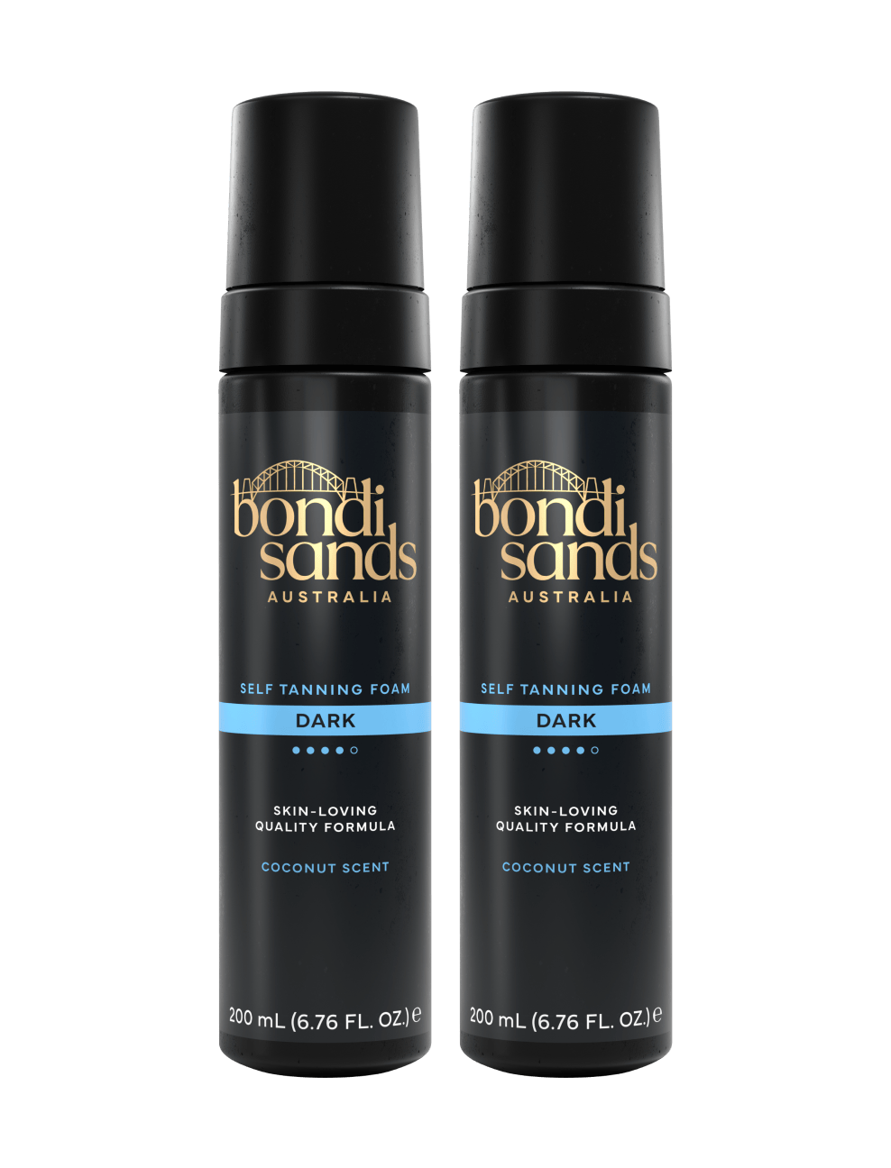 Two black bottles from the BondiSandsEU Dark Self Tanning Foam Bundle, each containing 200 ml, stand side by side on a white background. Featuring gold and white text with a coconut scent label, these foams are ideal for achieving a natural-looking, deep sun-kissed tan.