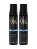 Two black bottles from the BondiSandsEU Dark Self Tanning Foam Bundle, each containing 200 ml, stand side by side on a white background. Featuring gold and white text with a coconut scent label, these foams are ideal for achieving a natural-looking, deep sun-kissed tan.