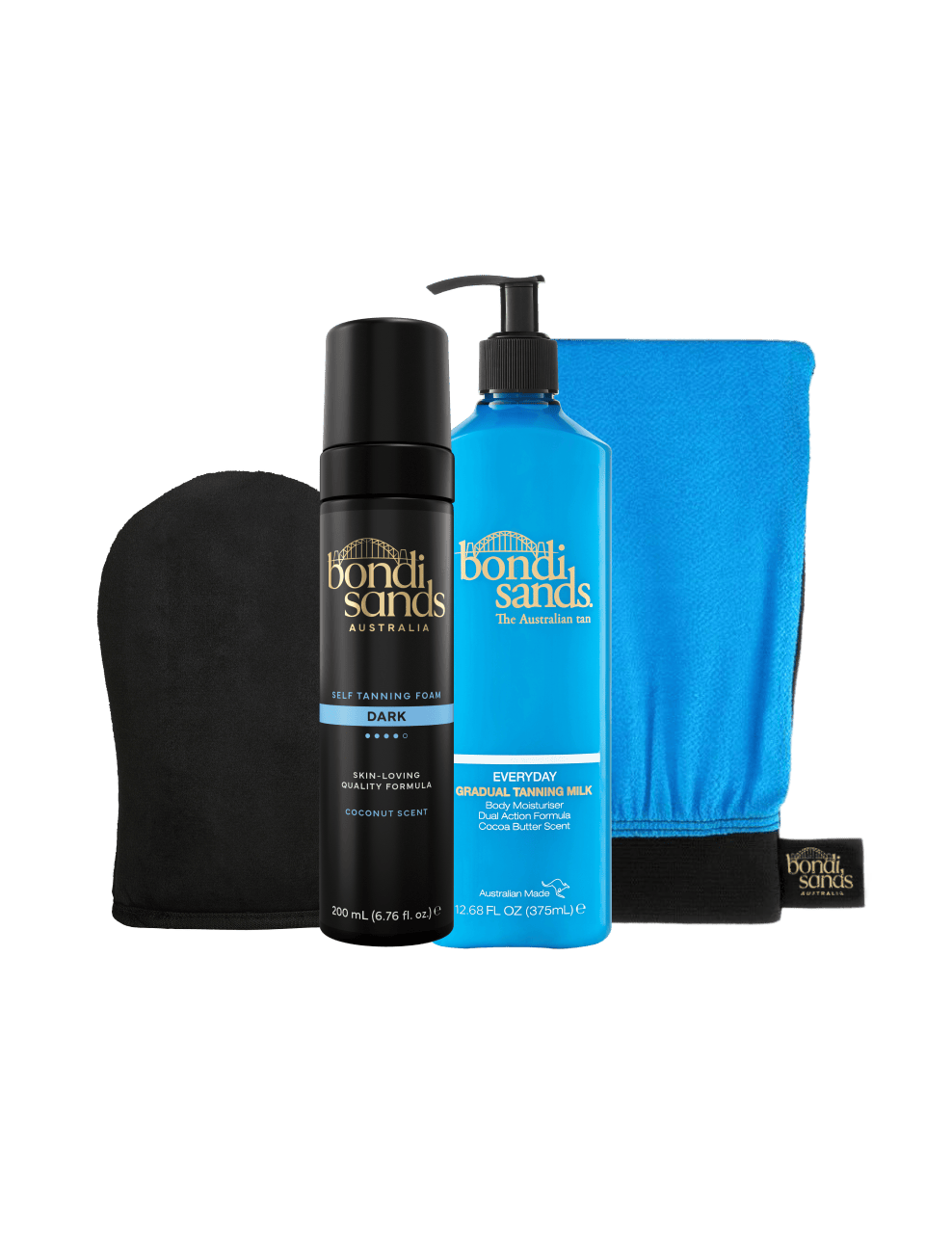 The BondiSandsEU Dark Self Tanning Routine Bundle showcases a black tanning mitt, a bottle of dark self tanning foam, a blue bottle of gradual self tanning milk, and a blue and black exfoliating mitt, all elegantly displayed on a white background.