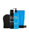 The BondiSandsEU Dark Self Tanning Routine Bundle showcases a black tanning mitt, a bottle of dark self tanning foam, a blue bottle of gradual self tanning milk, and a blue and black exfoliating mitt, all elegantly displayed on a white background.