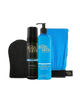 The BondiSandsEU Dark Self Tanning Routine Bundle showcases a black tanning mitt, a bottle of dark self tanning foam, a blue bottle of gradual self tanning milk, and a blue and black exfoliating mitt, all elegantly displayed on a white background.