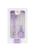 Box containing two BondiSandsEU De Puff Cooling Facial Globes—purple, glitter-filled tools designed for facial massage to reduce puffiness and support lymphatic drainage, packaged in a white box with purple accents and confetti inside the globes.