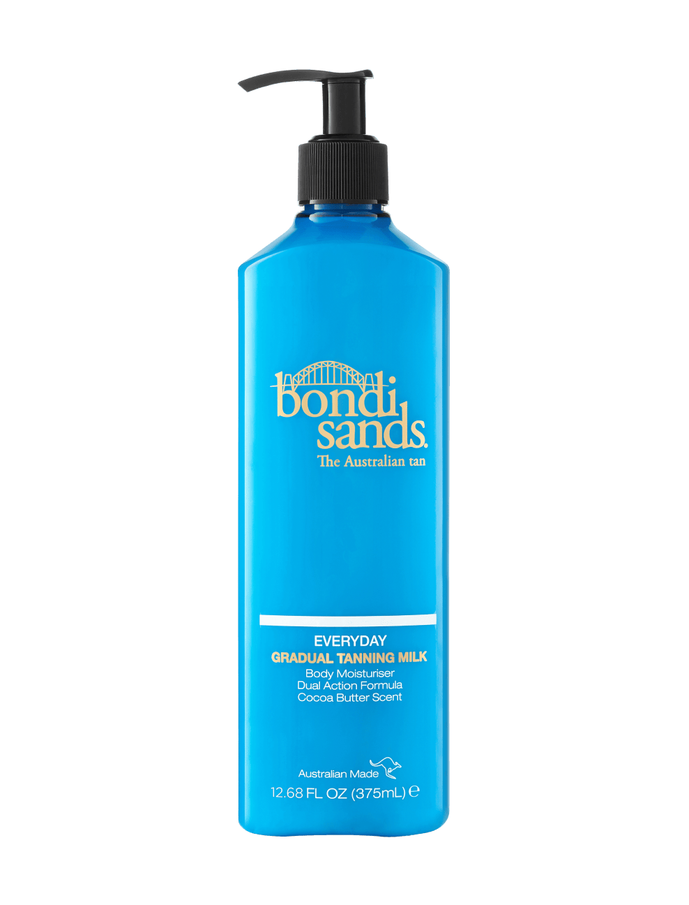 A 12.68 fl oz (375 mL) blue pump bottle of BondiSandsEU Gradual Self Tanning Milk, a body moisturizer scented with cocoa butter that hydrates skin for a daily glow.