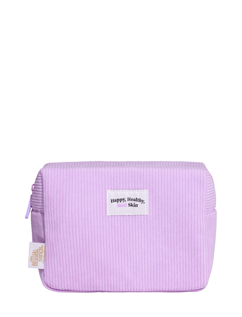 The BondiSandsEU Everyday Skincare Cosmetic Bag is a lavender corduroy zippered pouch featuring a small front label that reads “Happy, Healthy, Real Skin.” This durable cosmetic bag includes a fabric tag on the side and is shown photographed against a plain white background.
