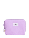 The BondiSandsEU Everyday Skincare Cosmetic Bag is a lavender corduroy zippered pouch featuring a small front label that reads “Happy, Healthy, Real Skin.” This durable cosmetic bag includes a fabric tag on the side and is shown photographed against a plain white background.