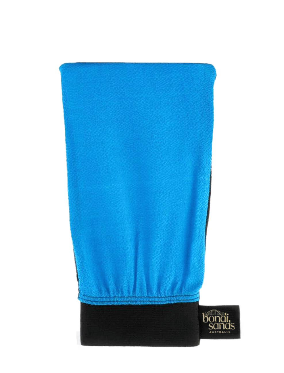 A blue Exfoliation Mitt by BondiSandsEU featuring a black cuff and a black tag labeled "Bondi Sands Australia," shown on a white background, expertly designed as the ultimate tan remover for achieving a smooth, streak-free glow.