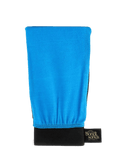 A blue Exfoliation Mitt by BondiSandsEU featuring a black cuff and a black tag labeled "Bondi Sands Australia," shown on a white background, expertly designed as the ultimate tan remover for achieving a smooth, streak-free glow.