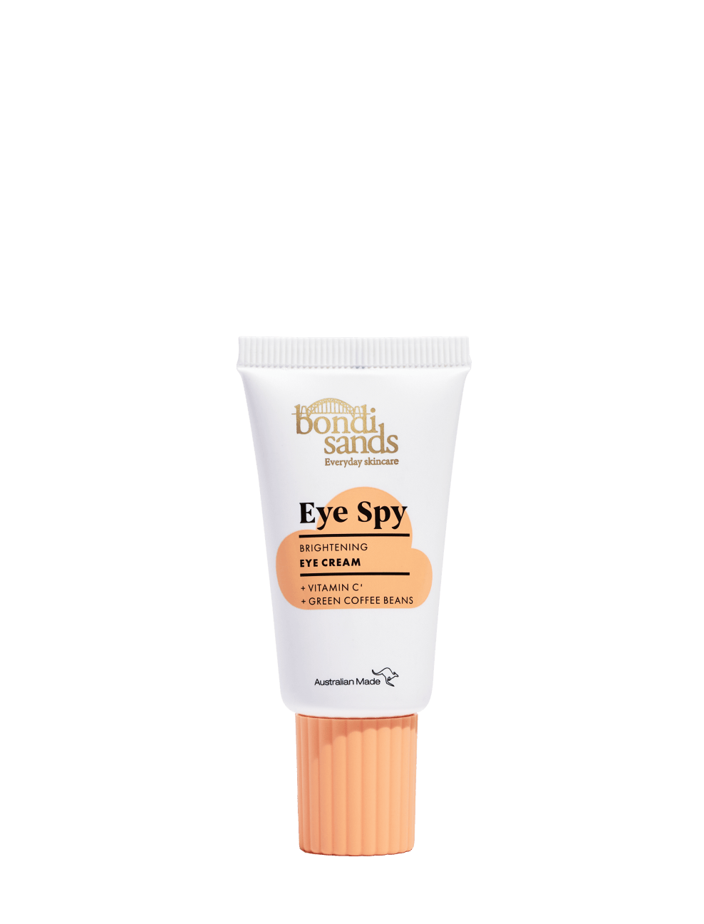 A white and orange tube of BondiSandsEU Eye Spy Vitamin C Eye Cream, formulated with vitamin C and green coffee beans to brighten under eyes and reduce dark circles, is standing upright on a plain white background.