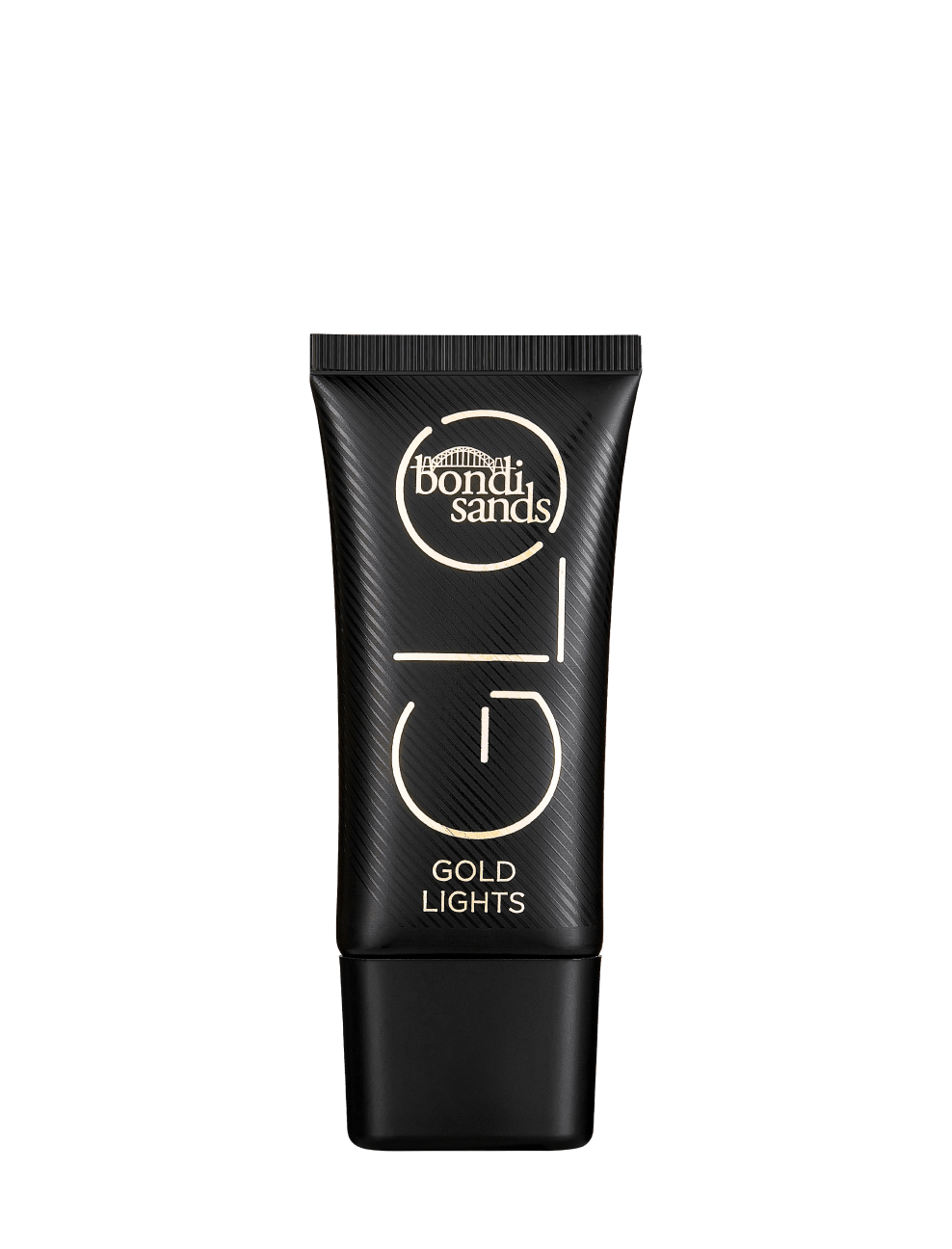 A black squeeze tube of BondiSandsEU Gold GLO Lights highlighter. The tube has a textured background with white logo text displaying BondiSandsEU and GLO, and GOLD LIGHTS printed underneath. This creamy highlighter provides a radiant glow, perfect for enhancing your look with luminous definition. The tube is finished with a black cap at the base.