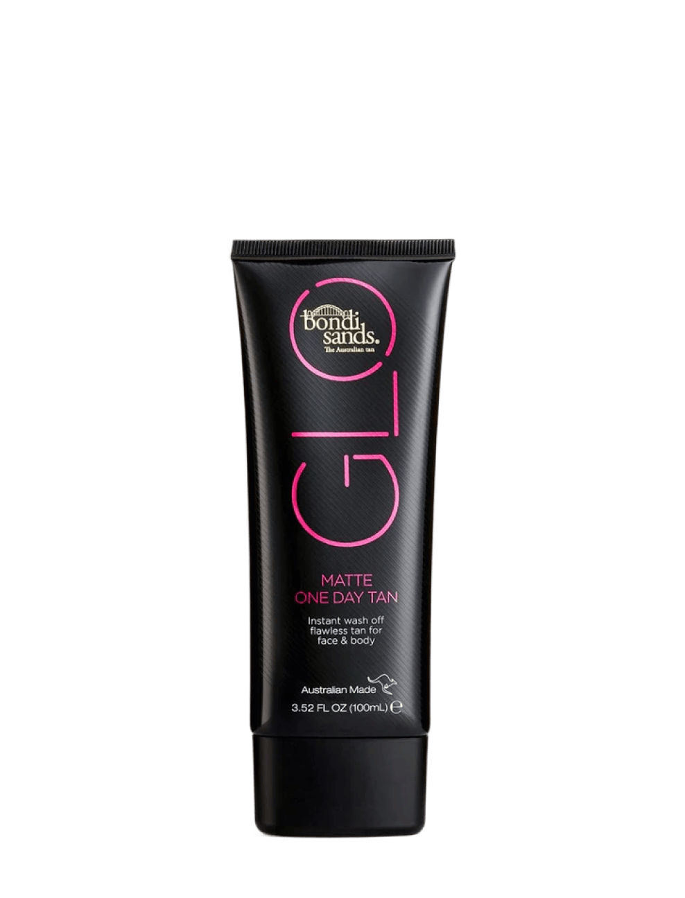 A black tube of BondiSandsEU GLO Matte One Day Tan, 3.52 fl oz, featuring pink and white text on the label—ideal for achieving an instant glow and a natural-looking tan in just one day.