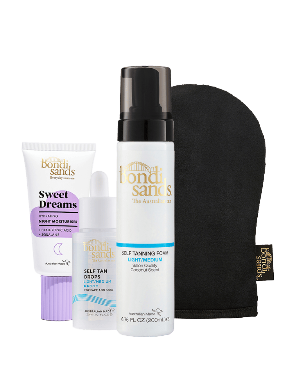 The BondiSandsEU Glow Head to Toe Bundle—featuring a night moisturizer, self tan drops, and a light/medium tanning foam—is displayed next to a black tanning mitt. These self tanning essentials are arranged upright against a white background.