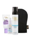 The BondiSandsEU Glow Head to Toe Bundle—featuring a night moisturizer, self tan drops, and a light/medium tanning foam—is displayed next to a black tanning mitt. These self tanning essentials are arranged upright against a white background.