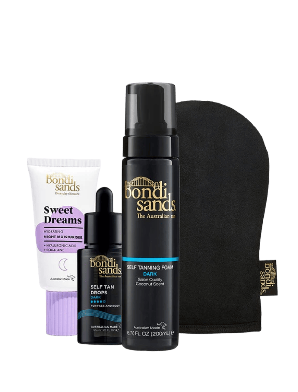 The BondiSandsEU Glow Head to Toe Bundle includes a nourishing night moisturizer, customizable self tan drops, rich dark self tanning foam, and a black tanning mitt—all arranged upright on a pristine white background.
