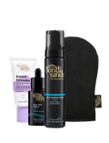 The BondiSandsEU Glow Head to Toe Bundle includes a nourishing night moisturizer, customizable self tan drops, rich dark self tanning foam, and a black tanning mitt—all arranged upright on a pristine white background.