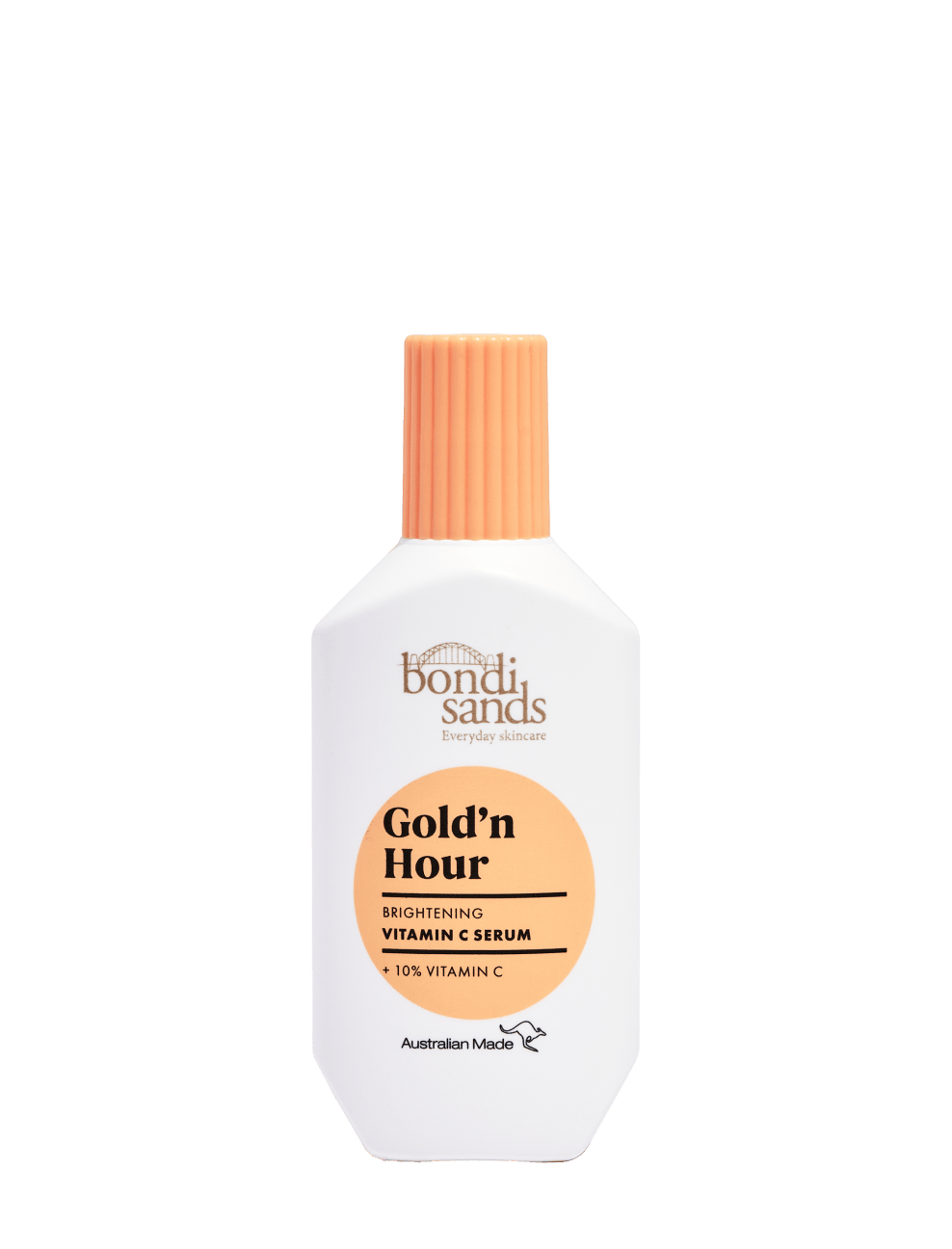 A white bottle of BondiSandsEU Gold'n Hour Vitamin C Serum, featuring an orange cap and label, is displayed against a plain white background.