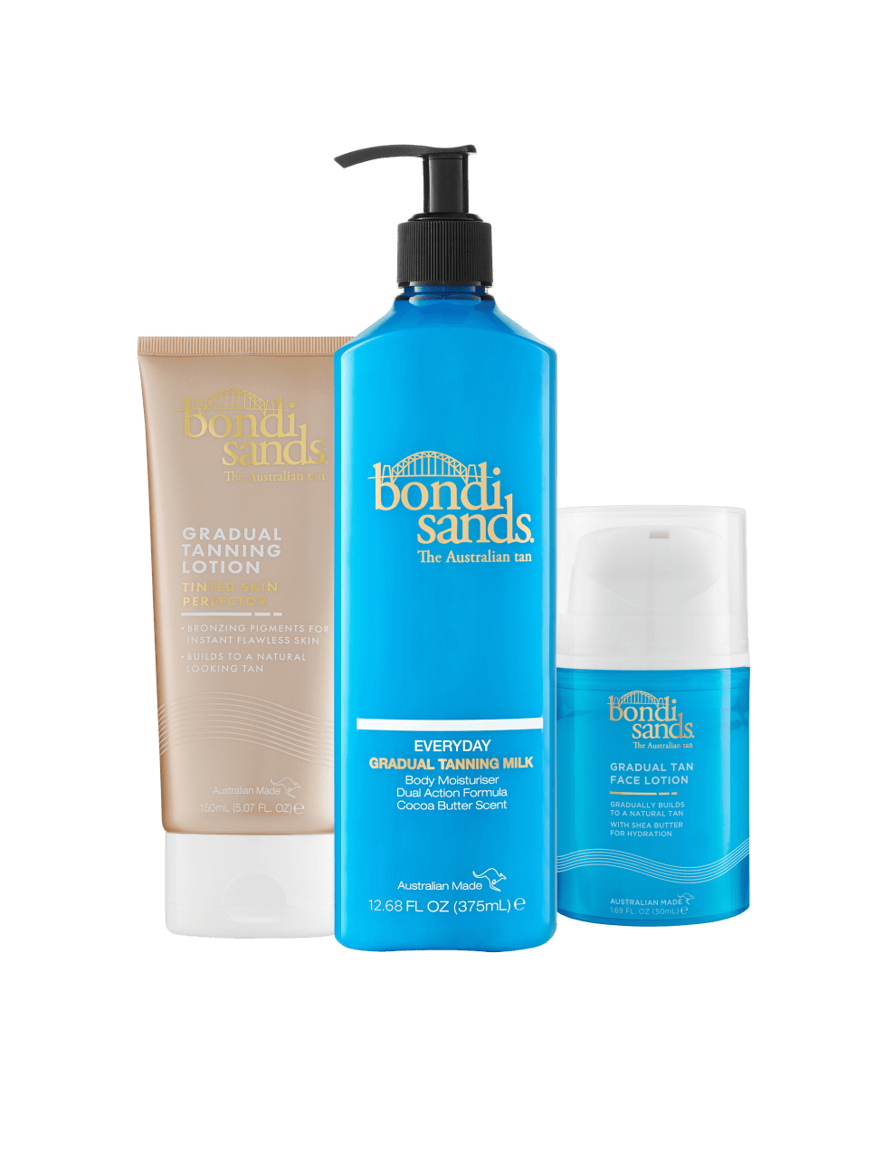 The BondiSandsEU Gradual Tanning Essentials Bundle includes three products: a gold tube of gradual tanning lotion for glowing skin, a large blue pump bottle of gradual tanning milk, and a small blue bottle of self tanning face lotion, all displayed upright on a white background.