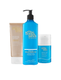 The BondiSandsEU Gradual Tanning Essentials Bundle includes three products: a gold tube of gradual tanning lotion for glowing skin, a large blue pump bottle of gradual tanning milk, and a small blue bottle of self tanning face lotion, all displayed upright on a white background.