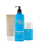 The BondiSandsEU Gradual Tanning Essentials Bundle includes three products: a gold tube of gradual tanning lotion for glowing skin, a large blue pump bottle of gradual tanning milk, and a small blue bottle of self tanning face lotion, all displayed upright on a white background.