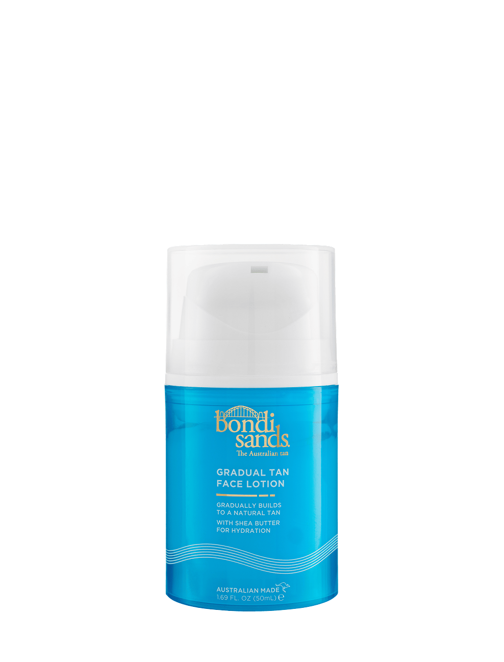 A blue and white bottle of BondiSandsEU Gradual Self Tanning Face Lotion with a pump dispenser, featuring the product name and description on the front. This gradual face lotion is formulated to provide a natural-looking, buildable glow while hydrating your skin.