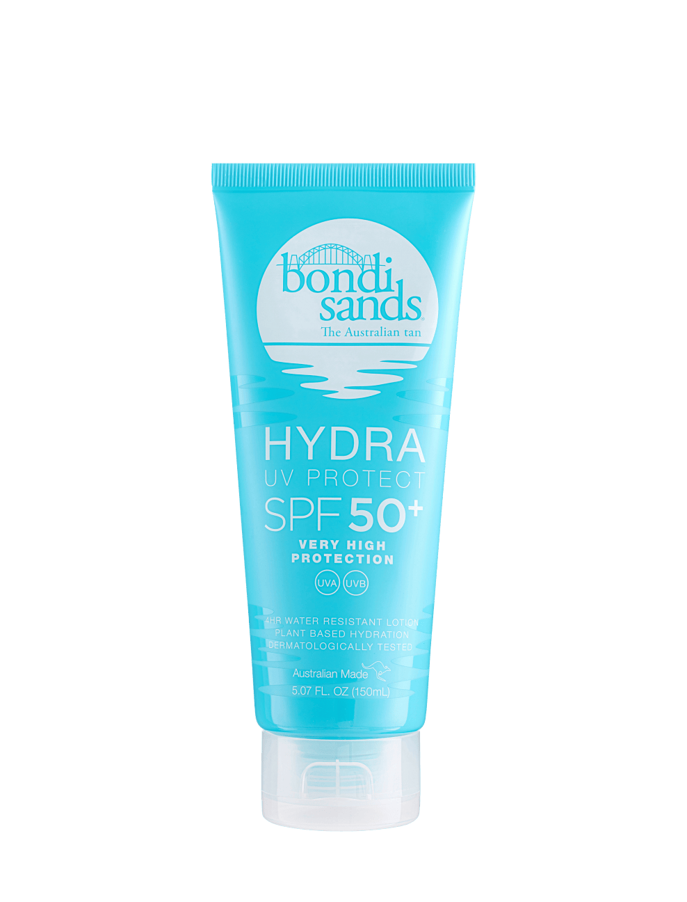 A blue tube of BondiSandsEU Hydra UV Protect SPF 50+ Body Lotion, featuring very high protection, broad spectrum SPF, and water resistance, stands upright on a white background.