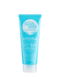 A blue tube of BondiSandsEU Hydra UV Protect SPF 50+ Body Lotion, featuring very high protection, broad spectrum SPF, and water resistance, stands upright on a white background.