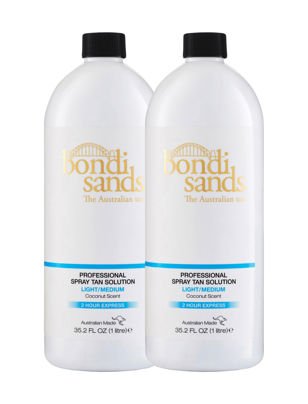 Two white bottles of BondiSandsEU Light-Medium Salon Solution 1L Duo, each featuring gold and blue labels, stand side by side on a white background—an ideal professional choice for achieving a flawless bronze glow in the salon.