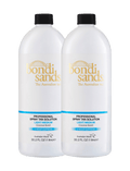 Two white bottles of BondiSandsEU Light-Medium Salon Solution 1L Duo, each featuring gold and blue labels, stand side by side on a white background—an ideal professional choice for achieving a flawless bronze glow in the salon.