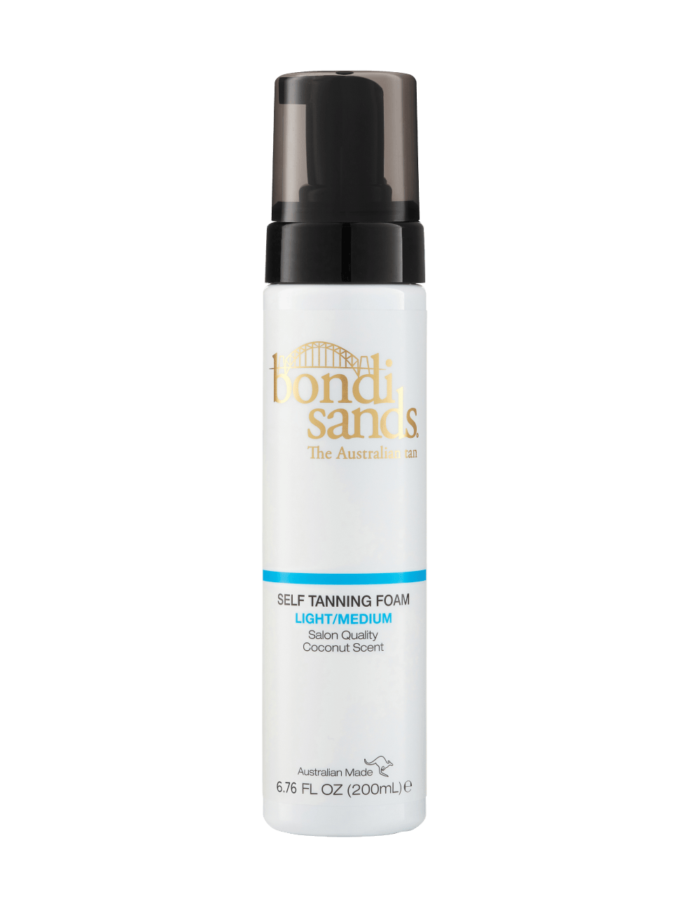 A white bottle of BondiSandsEU Light-Medium Self Tanning Foam with a black pump dispenser. The label indicates its light/medium shade, coconut scent, and salon-quality formula. This self-tanning foam is crafted to deliver a natural glow and flawless finish. Bottle size: 6.76 fl oz (200 mL).