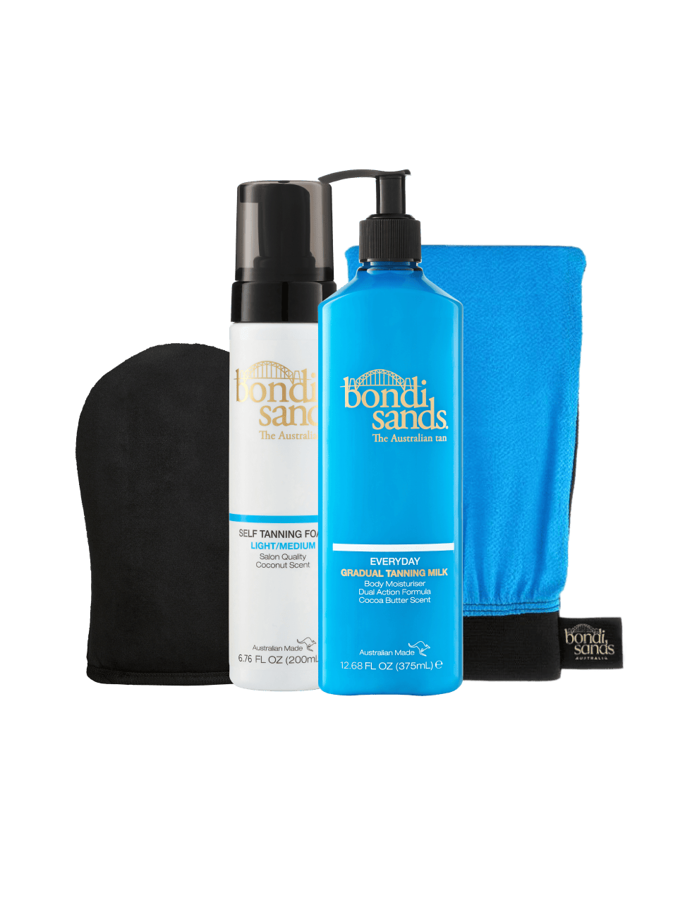 The BondiSandsEU Light-Medium Self Tanning Routine Bundle features a black tanning mitt, self-tanning foam, a bright blue gradual self tanning milk pump bottle, and a blue exfoliating mitt, all arranged vertically against a white background.