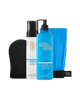 The BondiSandsEU Light-Medium Self Tanning Routine Bundle features a black tanning mitt, self-tanning foam, a bright blue gradual self tanning milk pump bottle, and a blue exfoliating mitt, all arranged vertically against a white background.