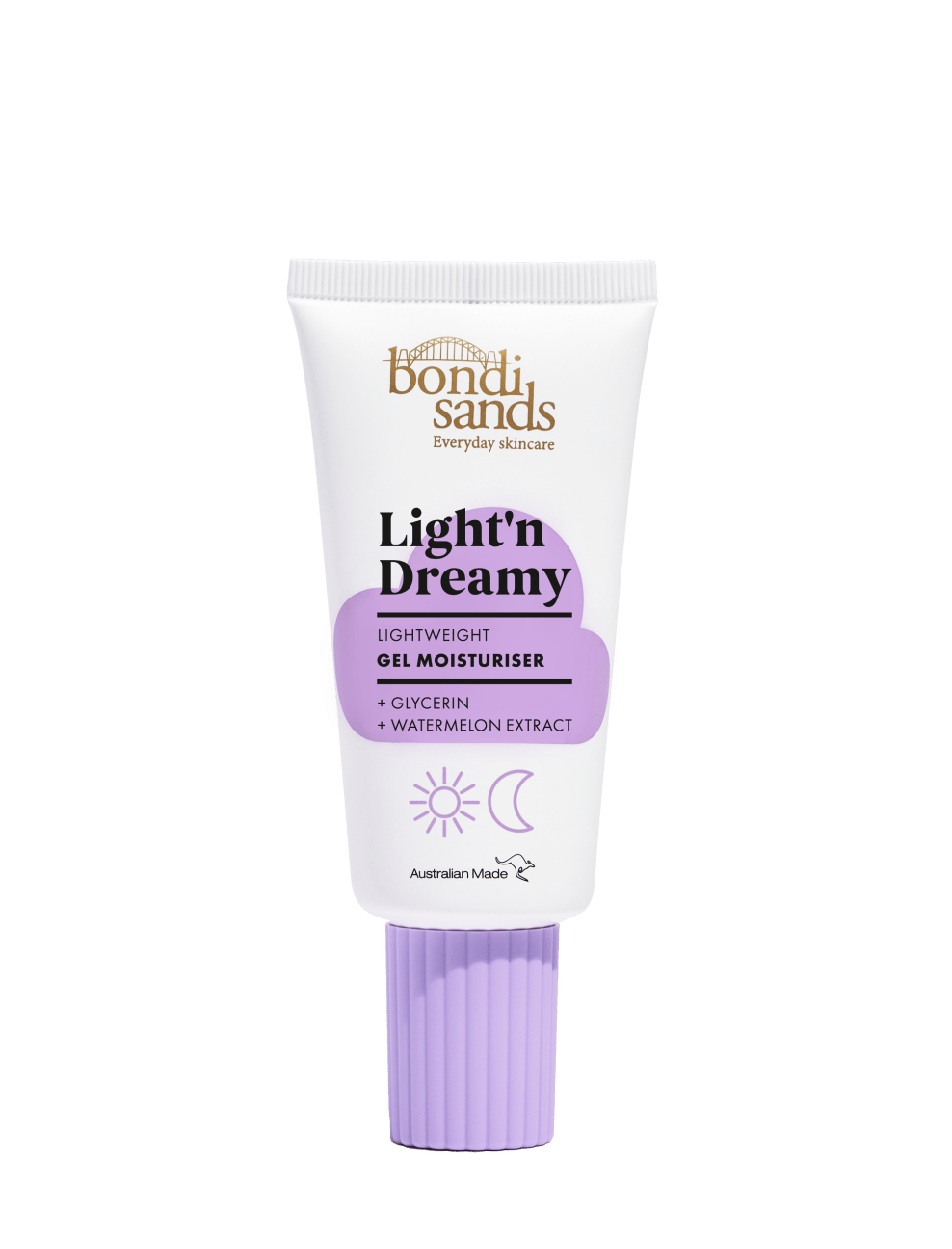 A white tube of BondiSandsEU Light'n Dreamy Gel Moisturiser with a purple cap and label, displaying icons for glycerin, watermelon extract, and suitability for day or night use. This gel moisturiser delivers lightweight hydration, making it an excellent option for oily skin types.