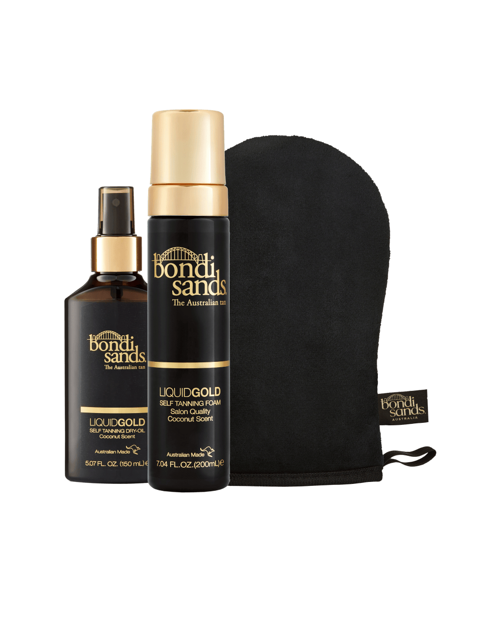 The Glow & Go Bundle by BondiSandsEU includes two Liquid Gold self-tanning products—a spray and a foam—displayed alongside a black tanning mitt. All items feature gold and black packaging and are designed to deliver a beautiful, transfer-resistant tan.
