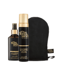 The Glow & Go Bundle by BondiSandsEU includes two Liquid Gold self-tanning products—a spray and a foam—displayed alongside a black tanning mitt. All items feature gold and black packaging and are designed to deliver a beautiful, transfer-resistant tan.