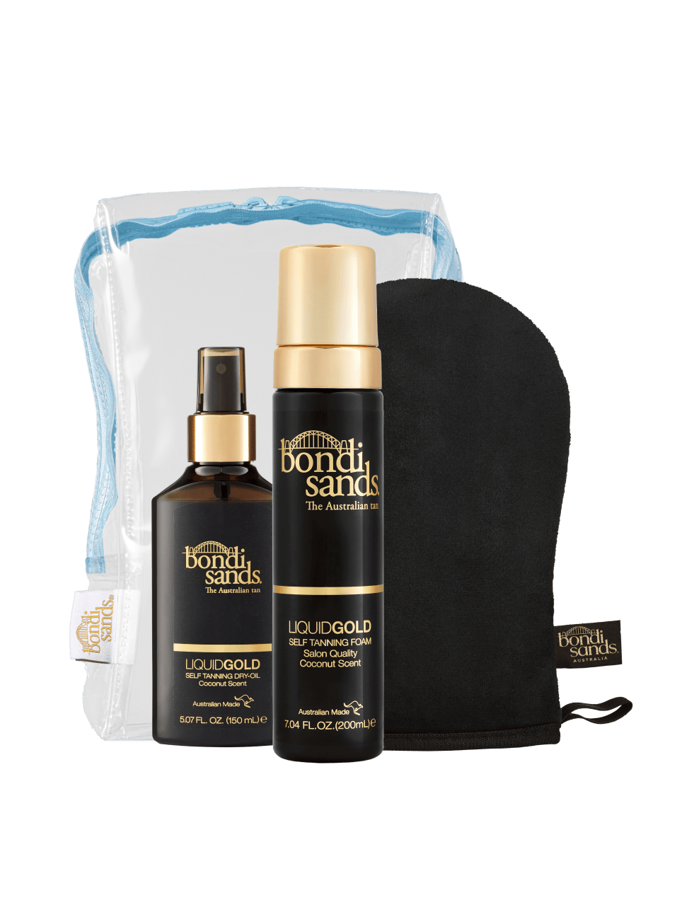 BondiSandsEU Liquid Gold Gift Set includes a spray bottle, foam bottle, black tanning mitt, and a clear zippered pouch. Both bottles feature gold and brown labels with the "Liquid Gold Self Tanning" branding.