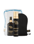BondiSandsEU Liquid Gold Gift Set includes a spray bottle, foam bottle, black tanning mitt, and a clear zippered pouch. Both bottles feature gold and brown labels with the "Liquid Gold Self Tanning" branding.
