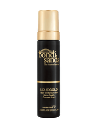 A 7.04 fl oz (200 mL) black and gold bottle of BondiSandsEU Liquid Gold Self Tanning Foam, labeled as salon quality for a golden glow with a coconut scent. Ideal for achieving flawless self tanning results at home.