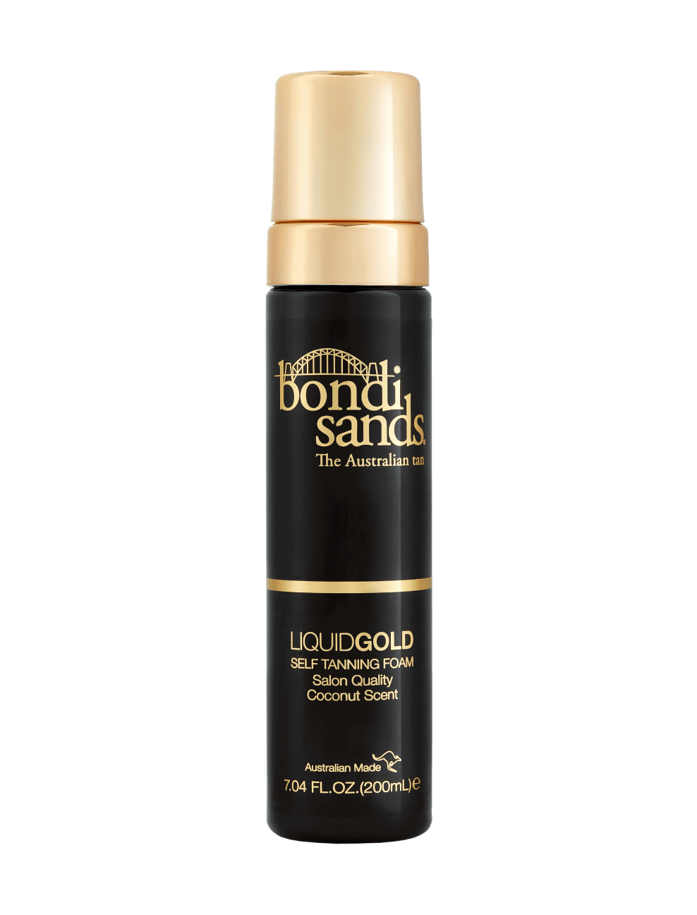 A 7.04 fl oz (200 mL) black and gold bottle of BondiSandsEU Liquid Gold Self Tanning Foam, labeled as salon quality for a golden glow with a coconut scent. Ideal for achieving flawless self tanning results at home.