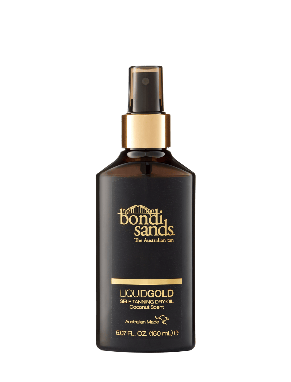 A 150 mL (5.07 fl oz) dark bottle of BondiSandsEU Liquid Gold Self Tanning Oil with a gold cap and label, boasting a signature coconut scent. This hydrating, Australian Made self-tan is designed to leave your skin glowing.