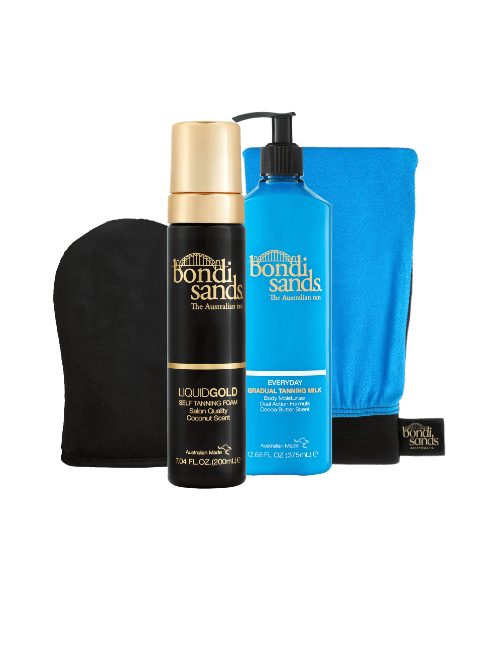 Introducing the BondiSandsEU Liquid Gold Self Tanning Routine Bundle, featuring an exfoliating mitt, Liquid Gold Self Tanning Foam in a sleek gold and black bottle, and Everyday Gradual Self Tanning Milk in a vibrant blue pump bottle.