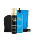 Introducing the BondiSandsEU Liquid Gold Self Tanning Routine Bundle, featuring an exfoliating mitt, Liquid Gold Self Tanning Foam in a sleek gold and black bottle, and Everyday Gradual Self Tanning Milk in a vibrant blue pump bottle.