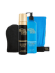 Introducing the BondiSandsEU Liquid Gold Self Tanning Routine Bundle, featuring an exfoliating mitt, Liquid Gold Self Tanning Foam in a sleek gold and black bottle, and Everyday Gradual Self Tanning Milk in a vibrant blue pump bottle.