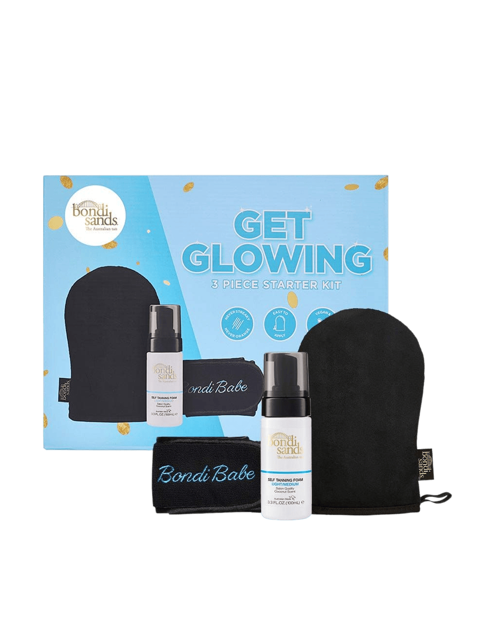 Bondi Sands Europe Light-Medium Get Glowing 3 Piece Starter Kit features a blue box, a plush black application mitt, a black headband, and a bottle of self tanning foam—everything you need for a flawless, streak-free tan.