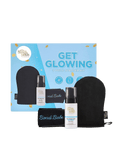 Bondi Sands Europe Light-Medium Get Glowing 3 Piece Starter Kit features a blue box, a plush black application mitt, a black headband, and a bottle of self tanning foam—everything you need for a flawless, streak-free tan.