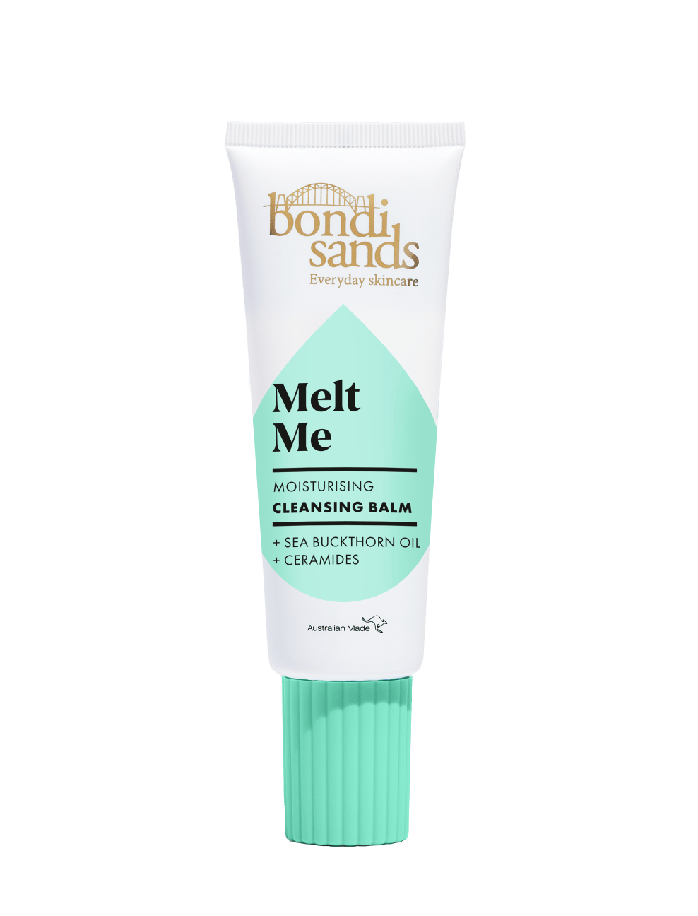 A white and mint green tube of BondiSandsEU Melt Me Cleansing Balm, a hydrating cleanser formulated with sea buckthorn oil and ceramides, featuring a ribbed mint green cap and gold logo. This nourishing makeup remover gently dissolves impurities while leaving your skin soft and refreshed.