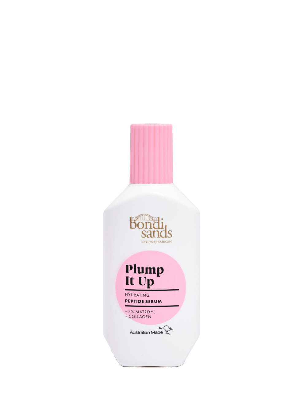 A white bottle of BondiSandsEU Plump It Up Peptide Serum with a pink cap and pink label, featuring gold and black text on the front. This serum is specially formulated with peptides to help reduce wrinkles, leaving your skin looking smooth and refreshed.
